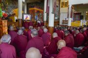 Монахи, расположившиеся в храме Калачакры, смотрят прямую трансляцию учений Его Святейшества Далай-ламы, организованных по просьбе буддистов из Тайваня. Дхарамсала, Индия. 3 октября 2019 г. Фото: дост. Тензин Джампхел.