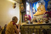 Его Святейшество Далай-лама молится у статуи Будды в храме Махабодхи. Бодхгая, штат Бихар, Индия. 17 января 2020 г. Фото: Тензин Чойджор.