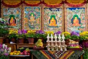 Тибетские тханки и подношения в гостиной резиденции Его Святейшества Далай-ламы, откуда он даровал трехдневные онлайн-учения для буддистов Монголии. Дхарамсала, штат Химачал-Прадеш, Индия. 13 марта 2021 г. Фото: дост. Тензин Джампхел.