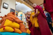 По прибытии в главный тибетский храм Его Святейшество Далай-лама благословляет пилюли «мани рильбу». Дхарамсала, штат Химачал-Прадеш, Индия. 8 июня 2022 г. Фото: Тензин Чойджор (офис ЕСДЛ).