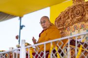Его Святейшество Далай-лама выступает с обращением во время встречи с членами тибетского сообщества Ладака. Ле, Ладак, Индия. 26 июля 2023 г. Фото: Тензин Чойджор (офис ЕСДЛ).